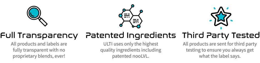 Full Transparency: All products and labels are fully transparent with no proprietary blends, ever! Patented Ingredients: ULTI uses only the highest quality ingredients including patented nooLVL. Third Party Tested: All products are sent for third party testing to ensure you always get what the label says.