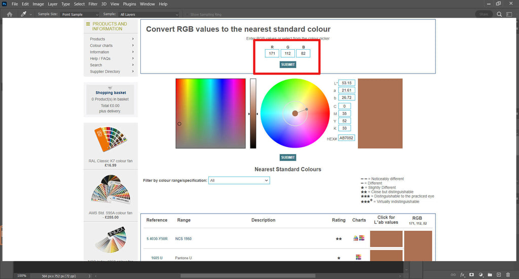 e-paint tool gebruiken om rgb-kleuren te vertalen naar Pantone- of NCS-kleuren