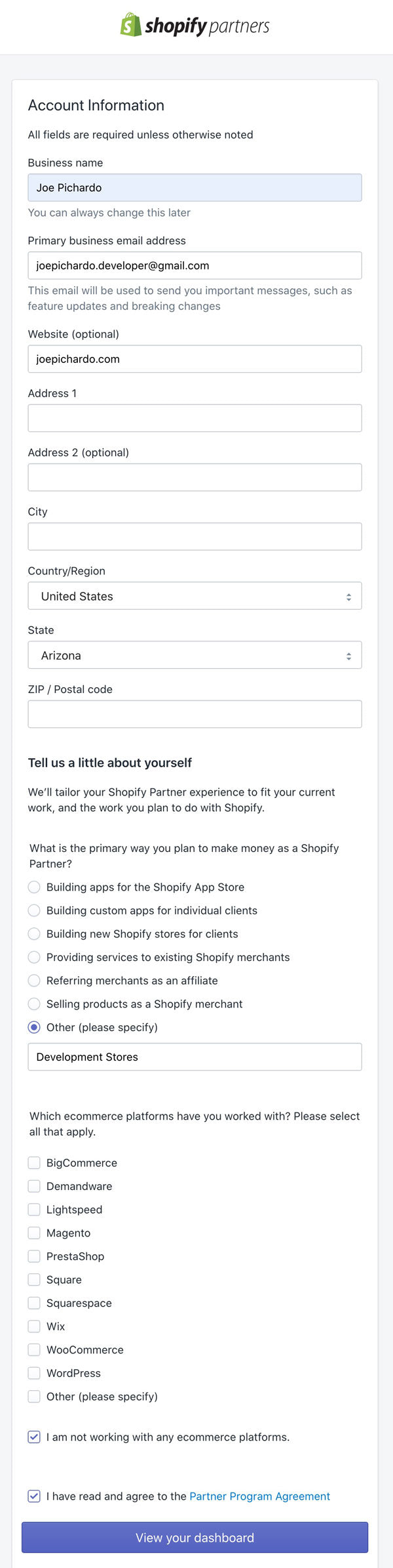 Account Information form - Shopify Partners