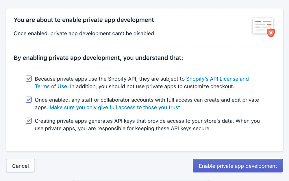 enable private app development form