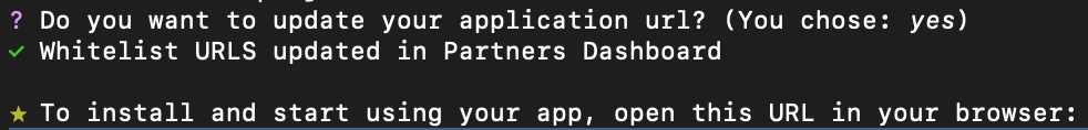 Shopify Create - update application url and install through link