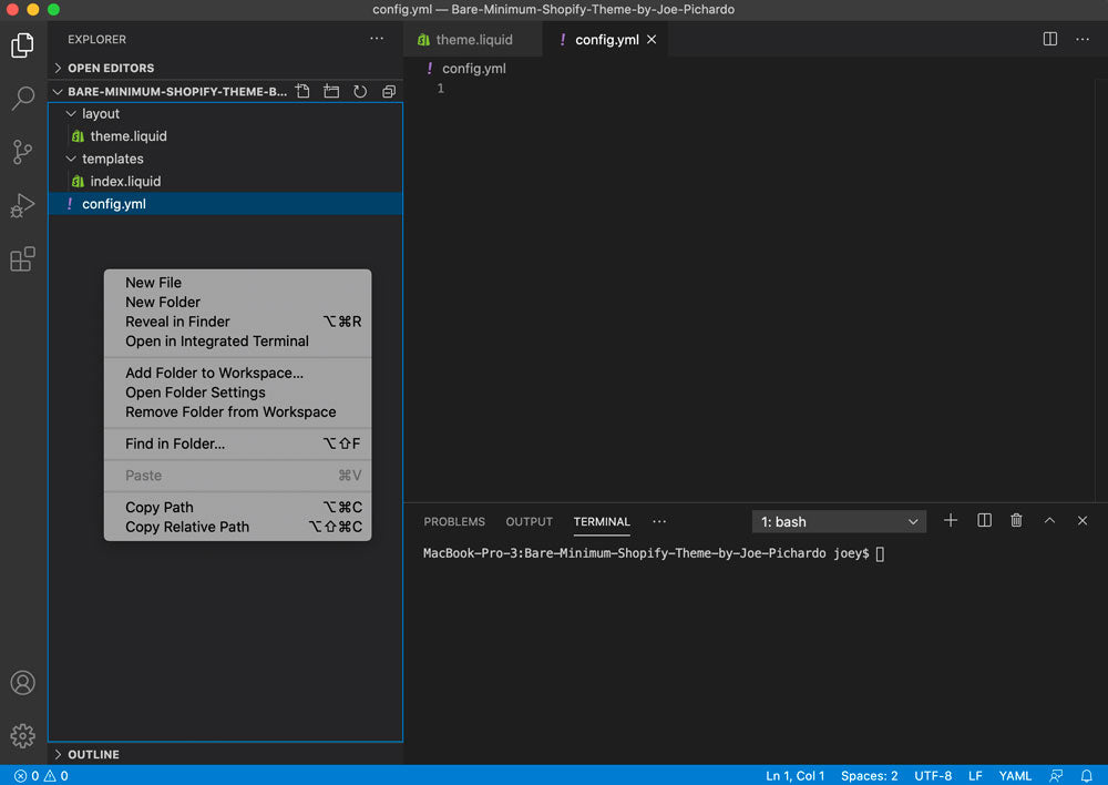 Visual Studio Code add new file - config.yml