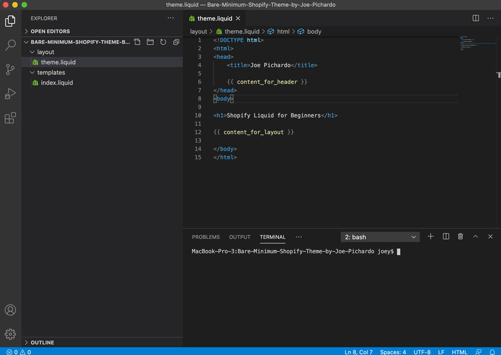 Visual Studio code with open terminal