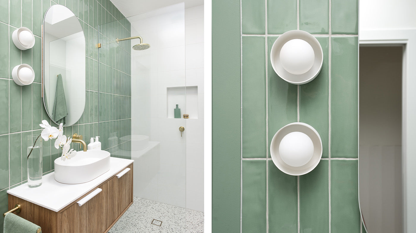 Higlett House Master Bathroom featuring Orb Sur Wall Lights | Lighterior