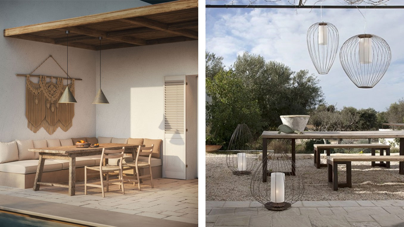 Cone & Cell Outdoor Pendant Lights hanging within a alfresco space