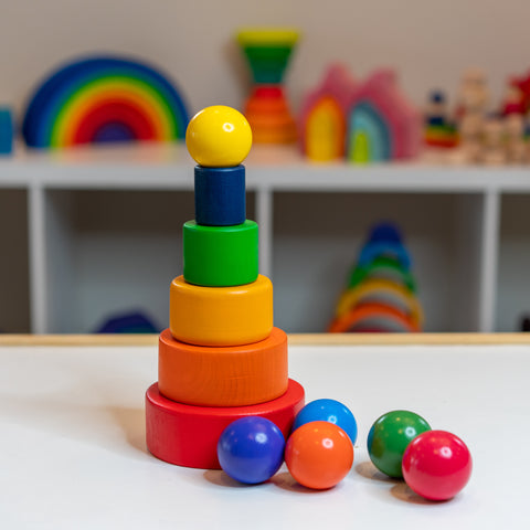 Rainbow stacking bowls, wooden balls, bowls and ball set, wooden toy, kids 2 year old, bee pea baby
