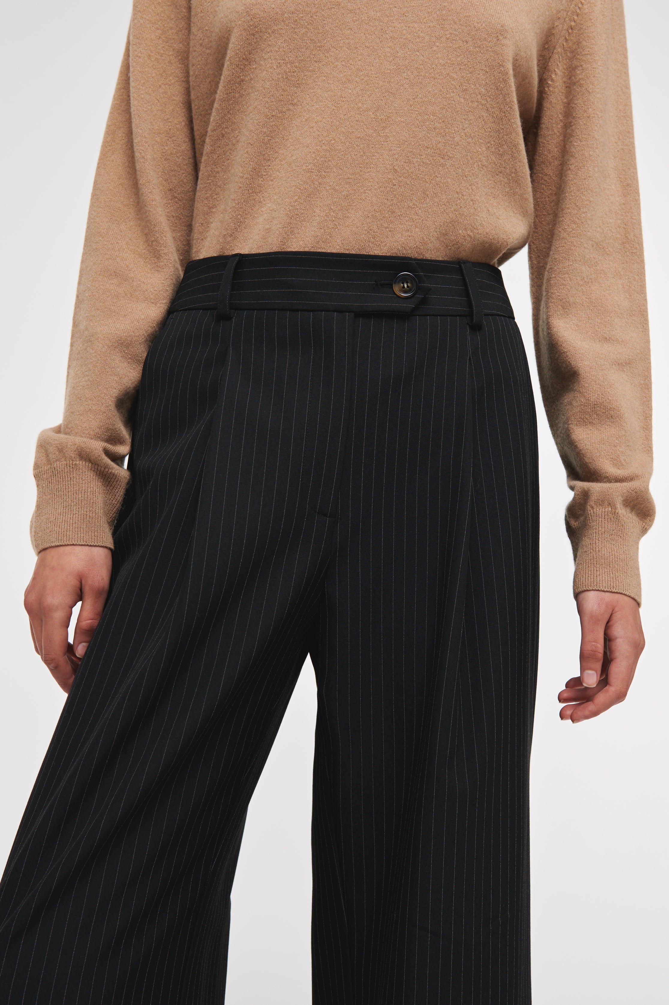 Kayley Pinstripe Pleated Trousers, Black Pinstripe / UK 22