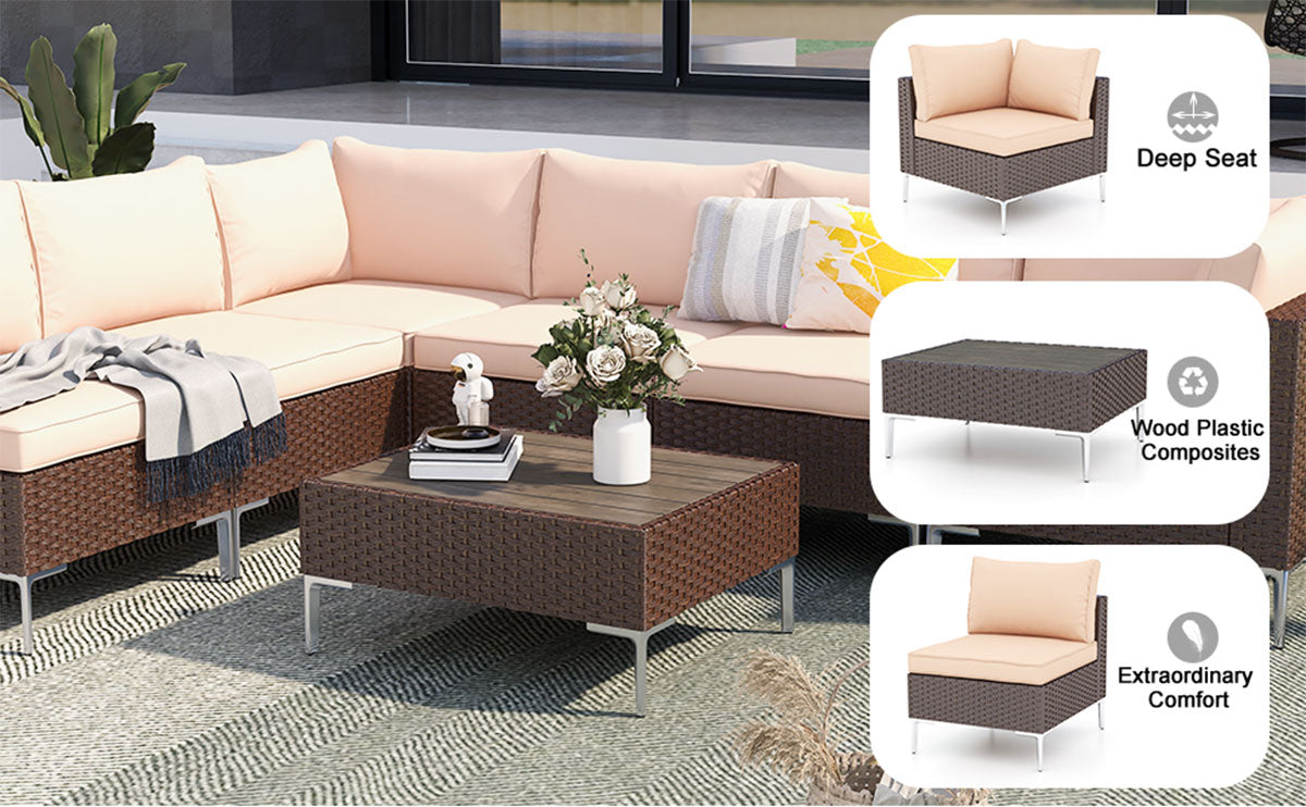 7 Pieces Outdoor Sectional Sofa, All-Weather Furniture Set with Tea Table for Backyard, Garden and Poolside, Khaki | Homrest Furniture