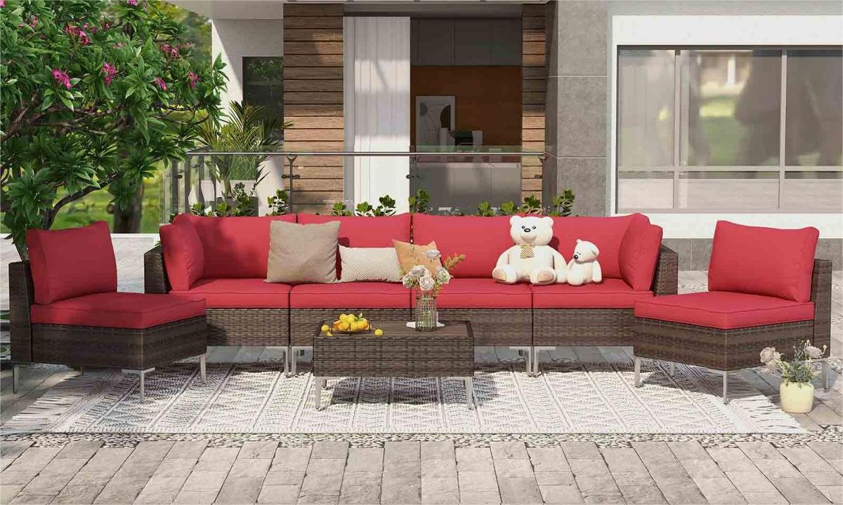 7 Pcs Outdoor Sectional Sofas for Porch, Garden and Poolside, All-Weather Patio Couch Set with Tea Table, Red | Homrest Furniture