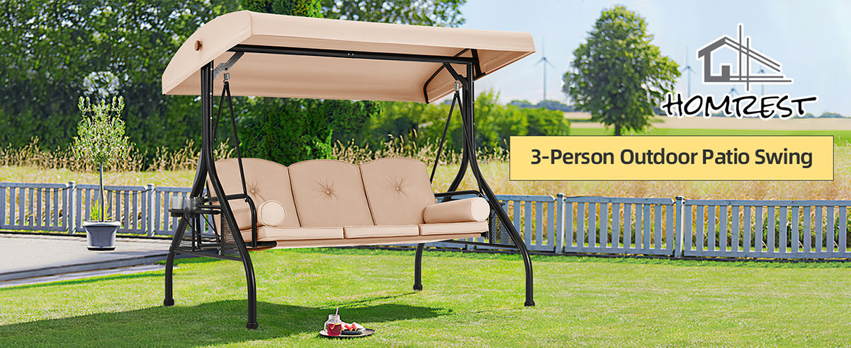 3-Seat Outdoor Porch Swing with Adjustable Canopy and Backrest, Khaki | Homrest Furniture