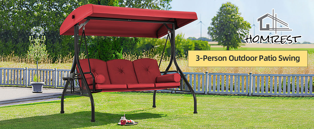3-Seat Outdoor Porch Swing with Adjustable Canopy and Backrest, Wine Red | Homrest Furniture