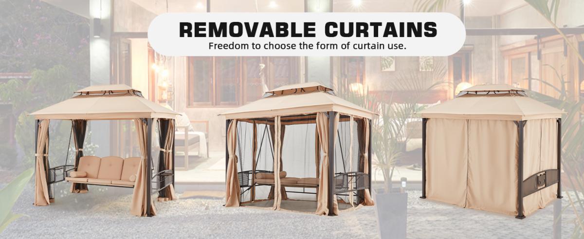 3-Seat Swing Chair, Outdoor Gazebo Swing with Canopy and Curtains, Khaki