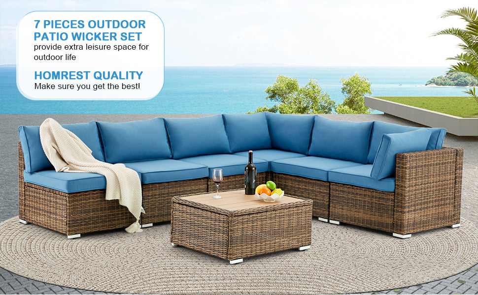 Homrest 7 pieces outdoor patio wicker set provides extra leisure space for outdoor life.