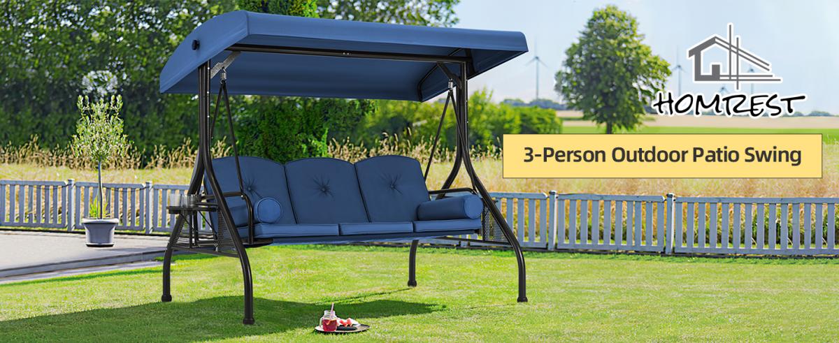 3-Seat Outdoor Porch Swing with Adjustable Canopy and Backrest, Blue | Homrest Furniture