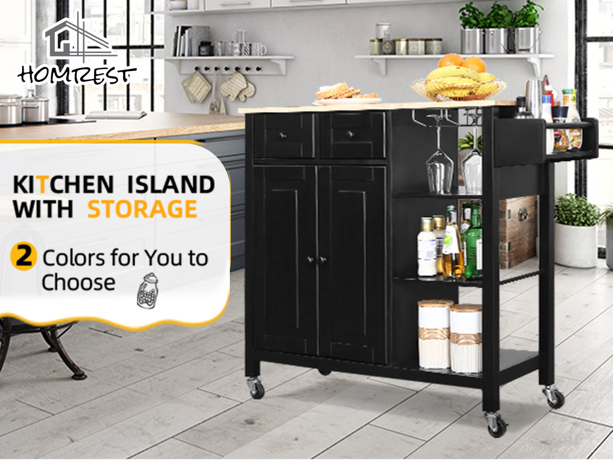 Kitchen Island on Wheels, Kitchen Cart with Cabinet & 3 Layer Shelves, Black