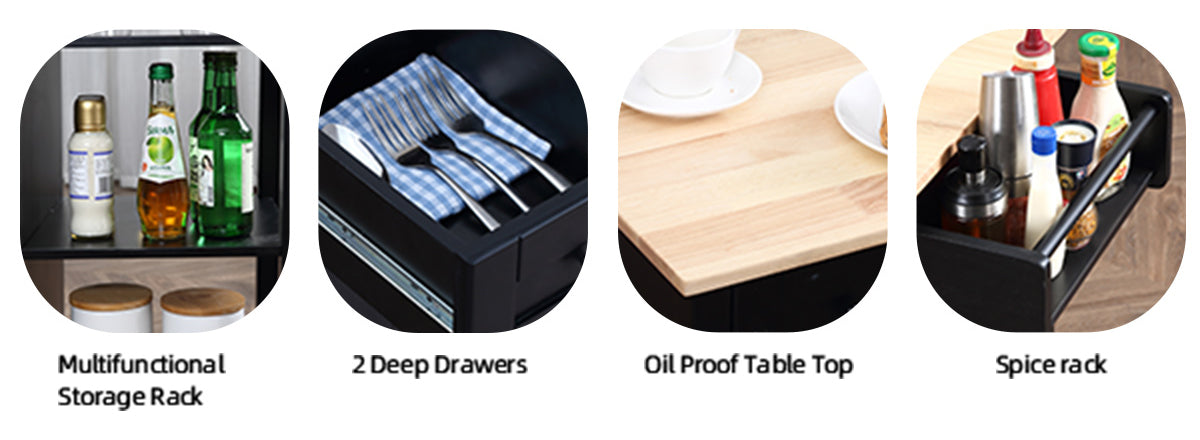 Multifunctional storage rack, 2 deep drawers. orl proof table top and spice rack, Black