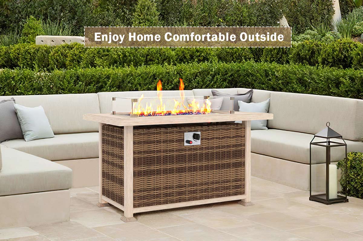 50 in Propane Fire Pit Table w/ Glass Wind Guard and Aluminum Tabletop,50,000 BTU, Brown