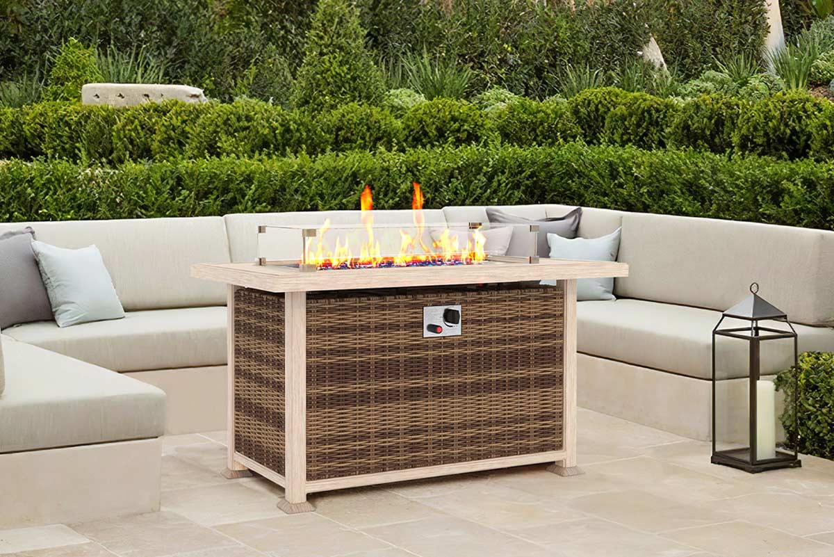 44 in Auto-Ignition Propane Fire Pit with Aluminum Table Top and Glass Wind Guard, Brown