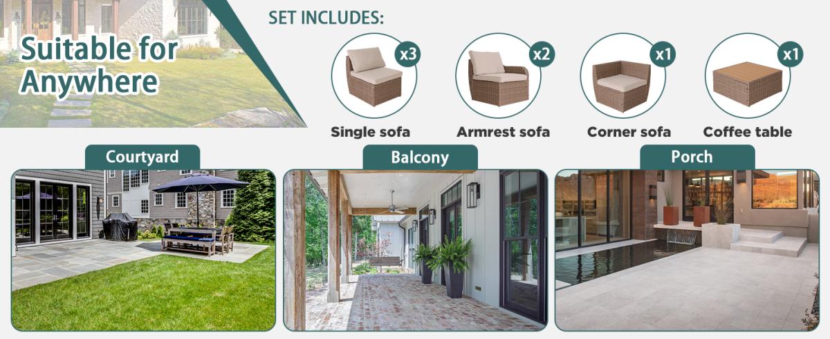 Homrest 7 pieces pario ratten sectional sofa set is suitable for balcony, porch and courtyard.