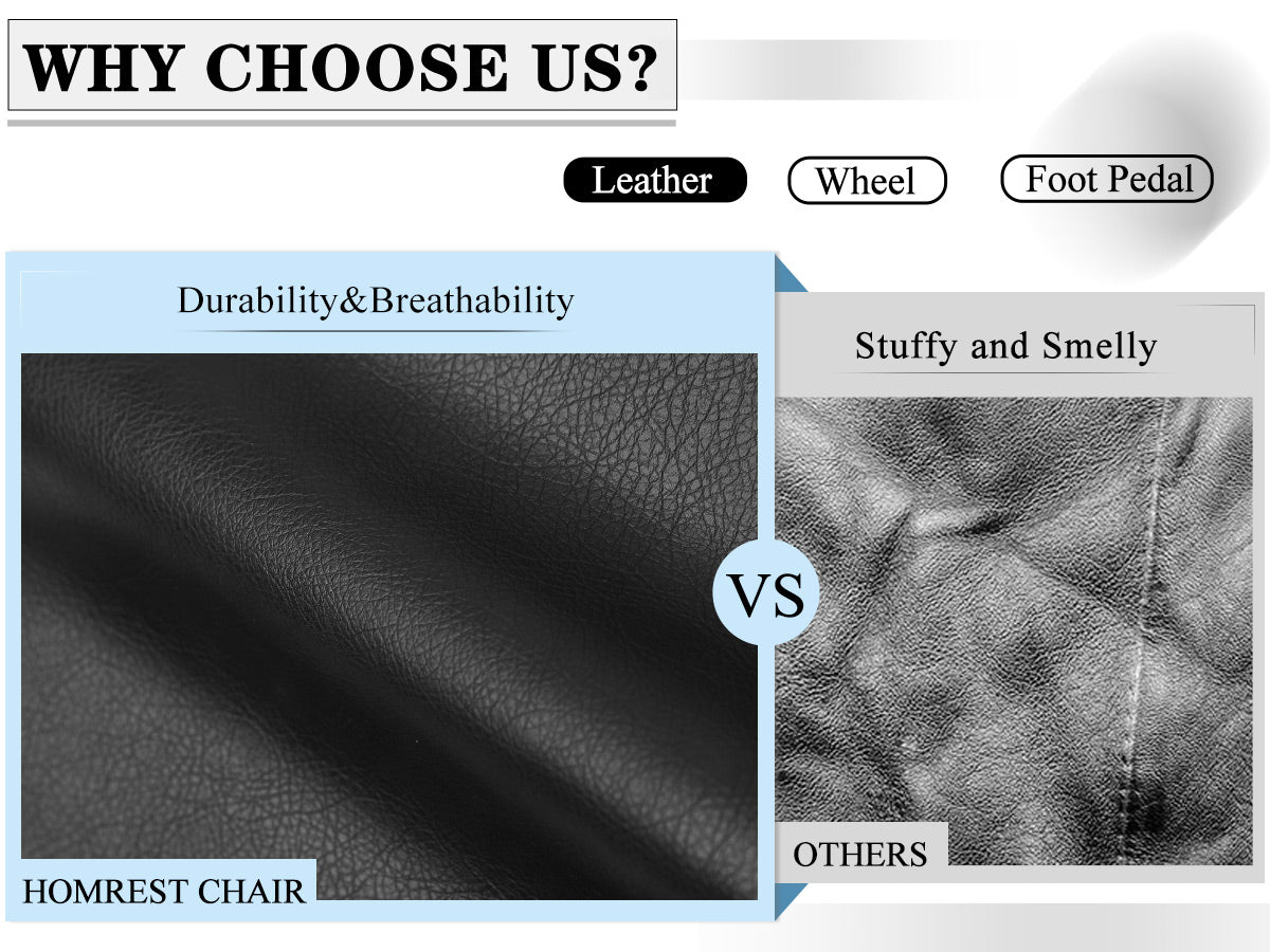 Comparison of Homrest office chairs's durable and breathable leather and other office chairs' stuffy and semlly leather.