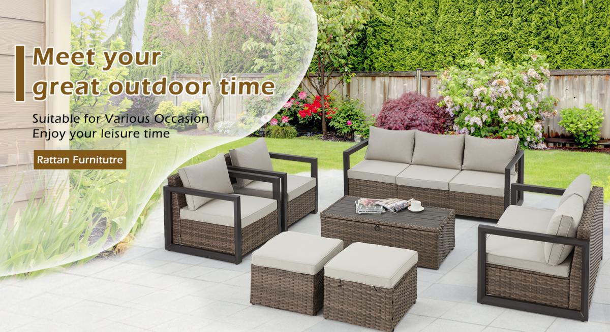 Homrest 7 pieces patio furniture set comes with plastic wood table top, outdoor storage box and adjustable sofa feet.