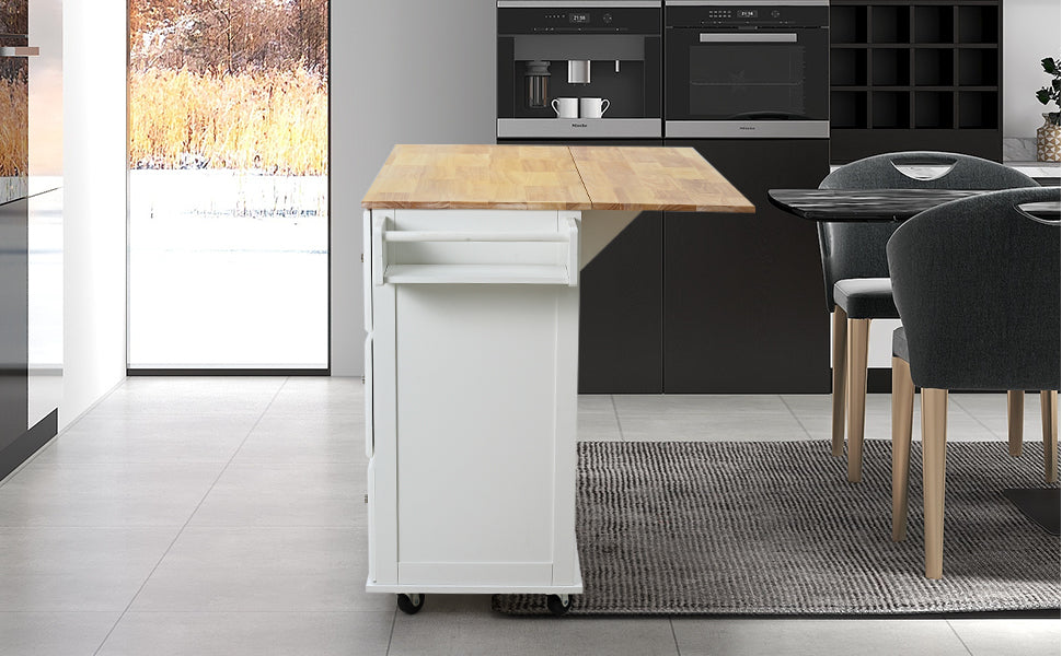 Kitchen Island on Wheels with Wooden Countertop, White