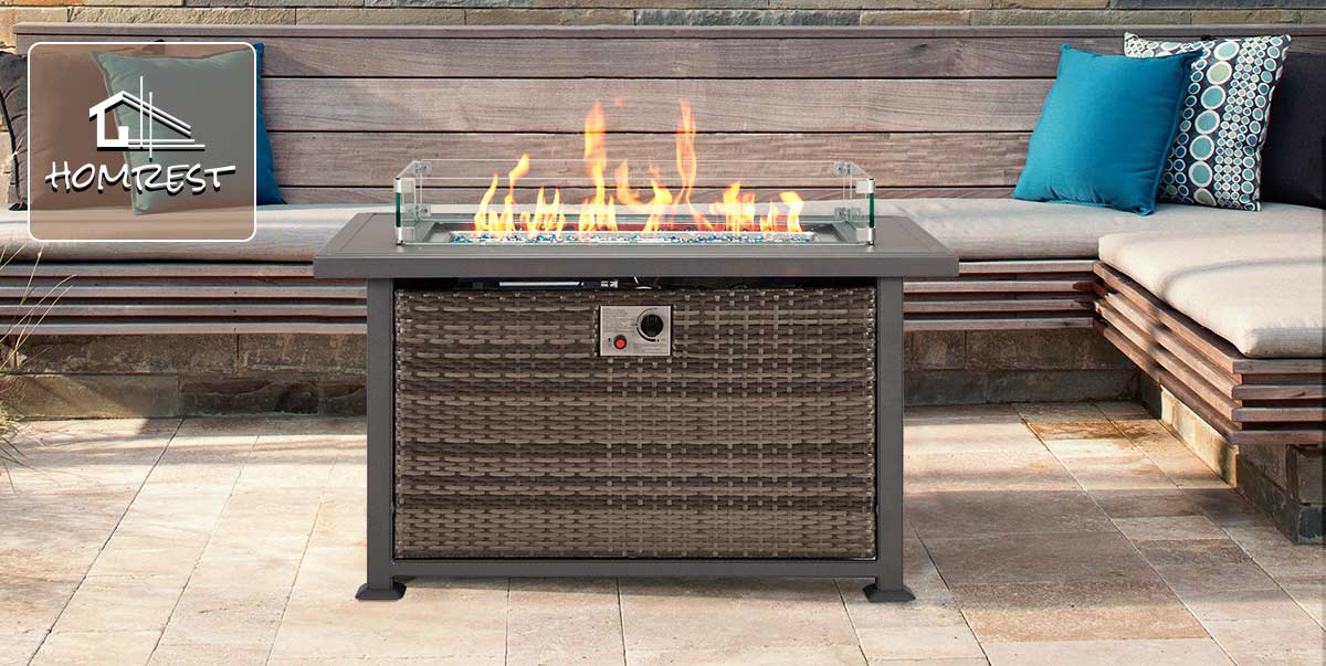 50 in Propane Fire Pit Table w/ Glass Wind Guard and Aluminum Tabletop,50,000 BTU, Dark Gray