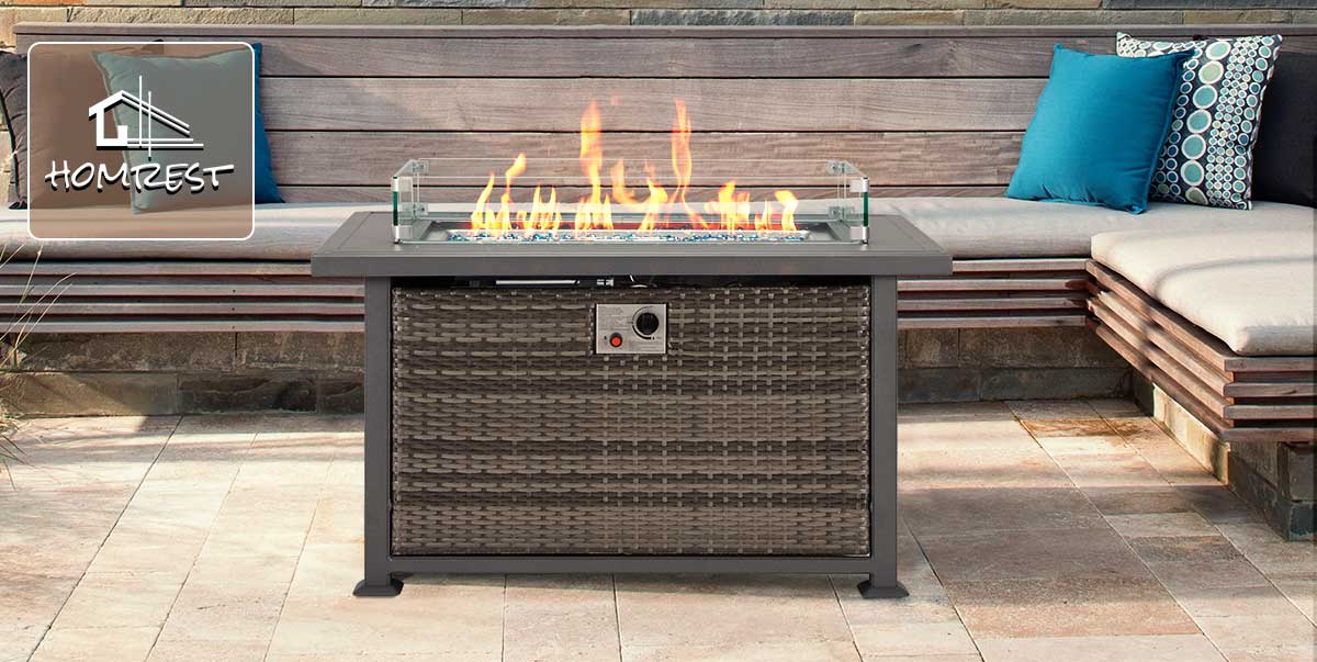 44 in Auto-Ignition Propane Fire Pit with Aluminum Table Top and Glass Wind Guard, Dark Gray