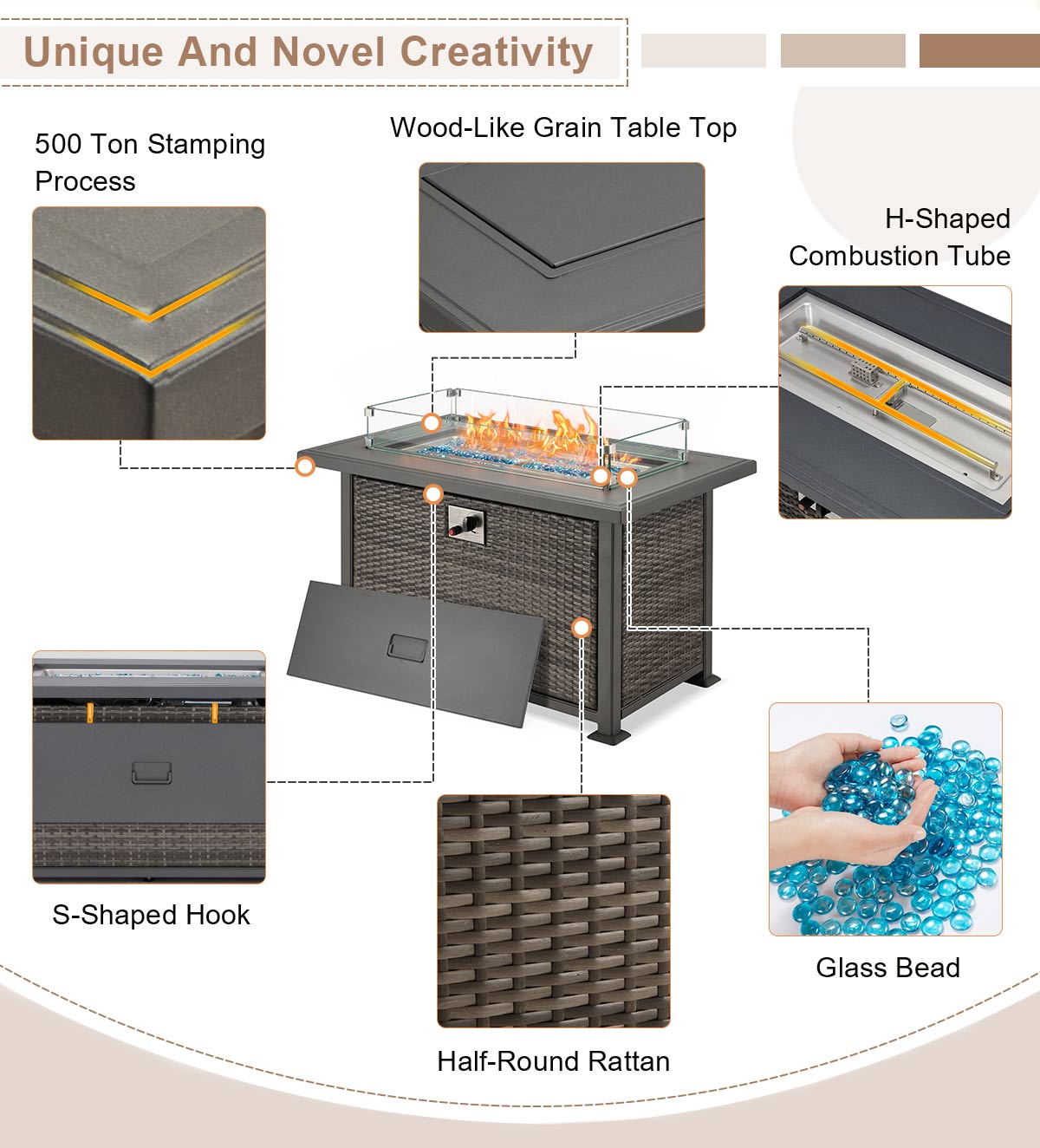 50 in Propane Fire Pit Table w/ Glass Wind Guard and Aluminum Tabletop,50,000 BTU, Dark Gray