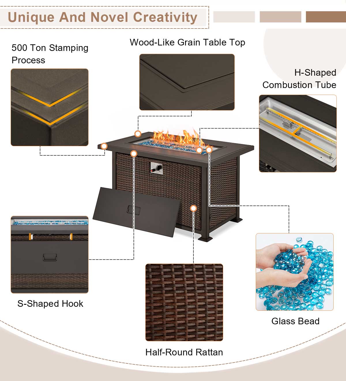 50 Inch Propane Fire Pit Table,50,000 BTU Gas Fire Pits with Aluminum Tabletop, Dark Brown