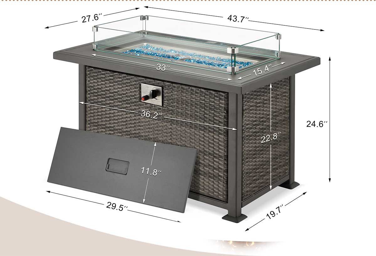 44 in Auto-Ignition Propane Fire Pit with Aluminum Table Top and Glass Wind Guard, Dark Gray