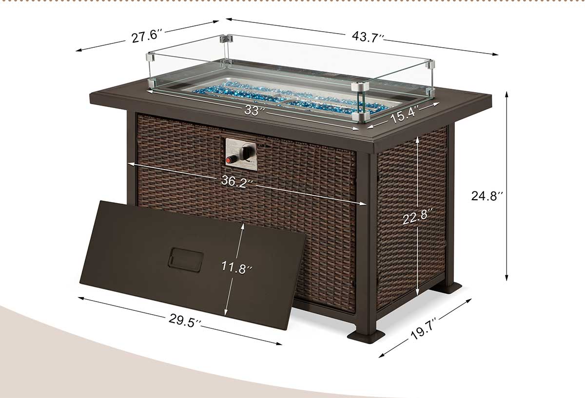 44 in Auto-Ignition Propane Fire Pit with Aluminum Table Top and Glass Wind Guard, Dark Brown