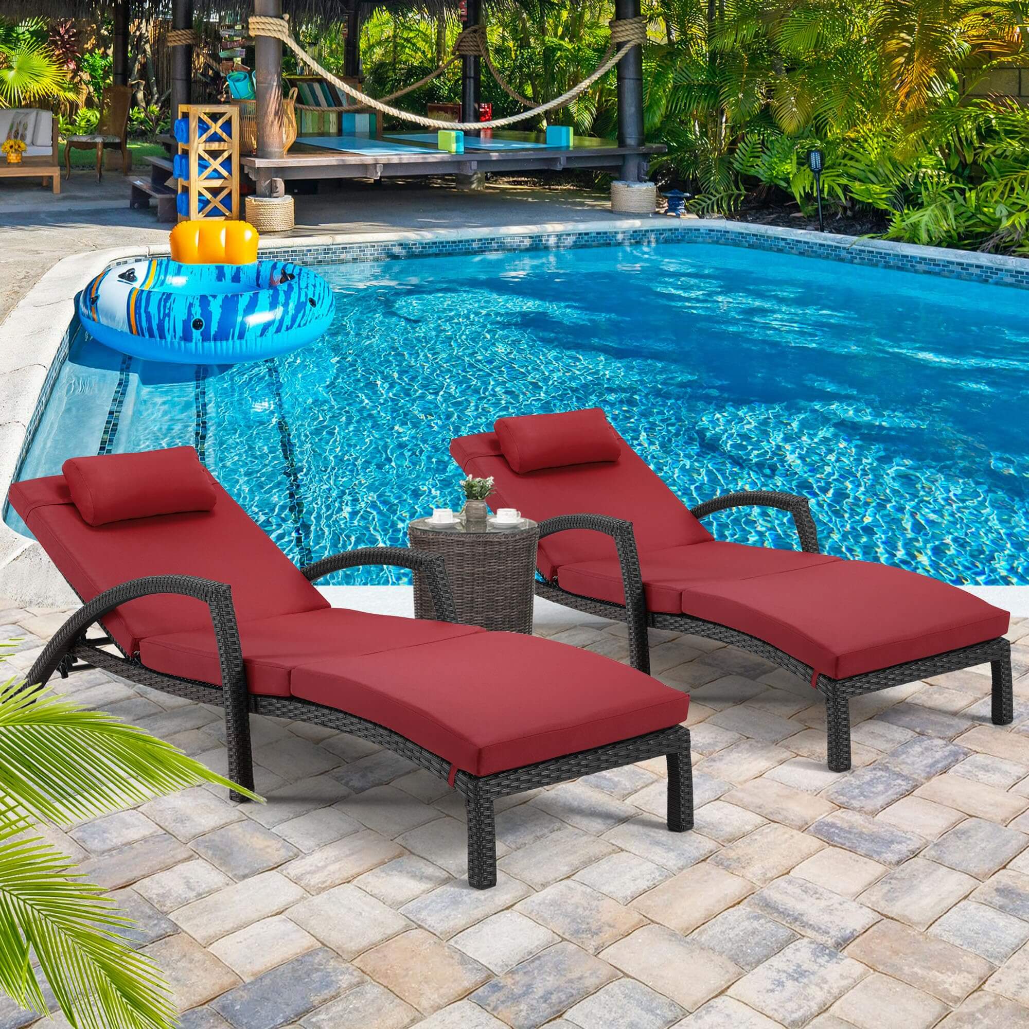 Homrest Chaise Lounge Chairs Set of 2 for Outside,  PE Rattan Wicker Lounge Chair, Wine Red