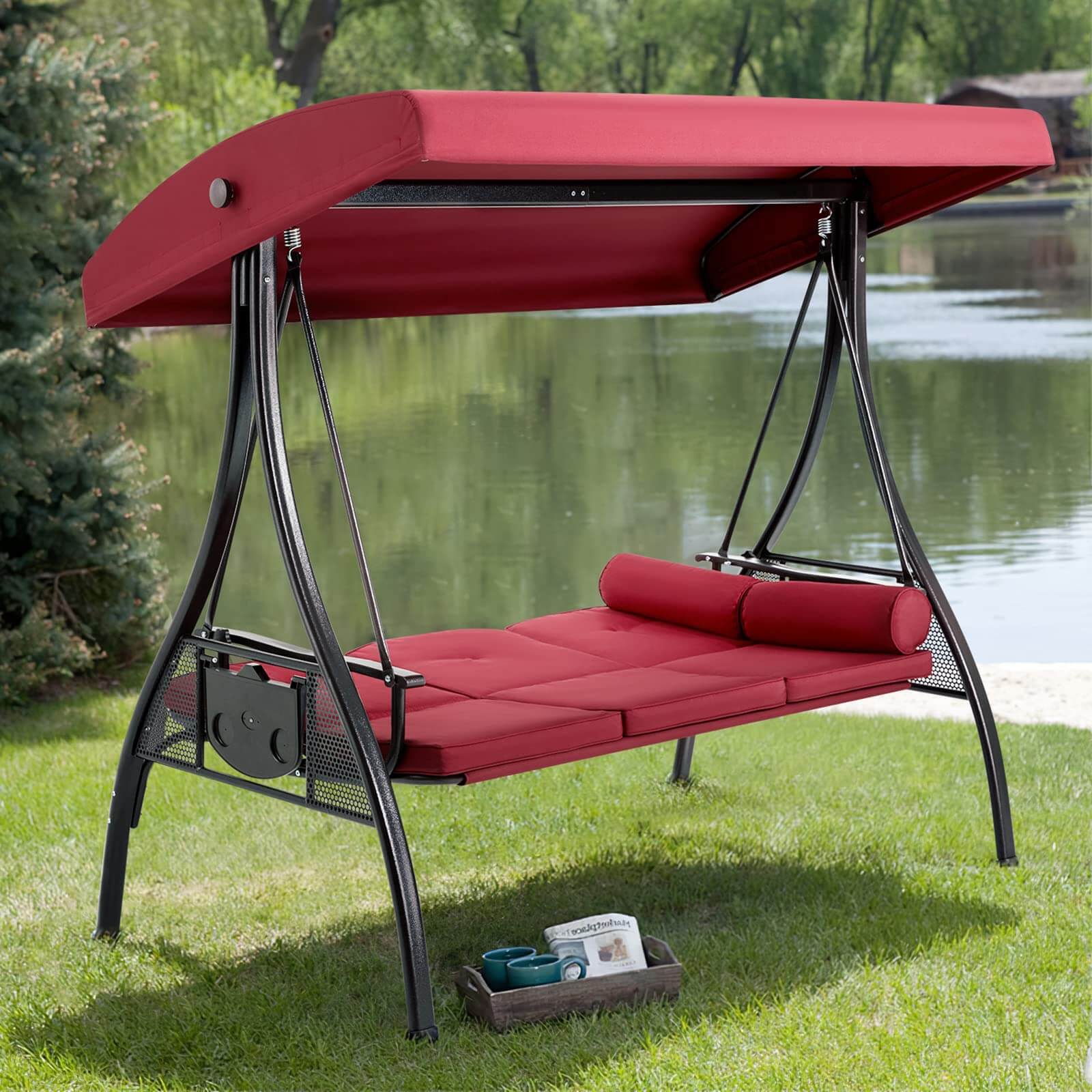 Homrest 3-Seat Outdoor Porch Swing with Adjustable Canopy Backrest and 2 Side Trays
