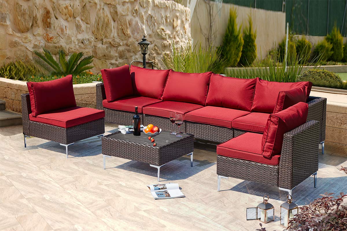 7 Pcs Outdoor Sectional Sofas for Porch, Garden and Poolside, All-Weather Patio Couch Set with Tea Table, Red | Homrest Furniture
