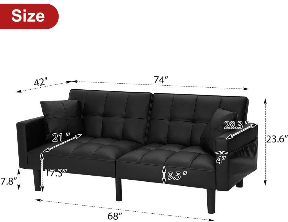 Modern Leather Convertible Futon Sofa Bed Folding Couch Recliner Adjustable Back with Arm Set for Living Room, Black