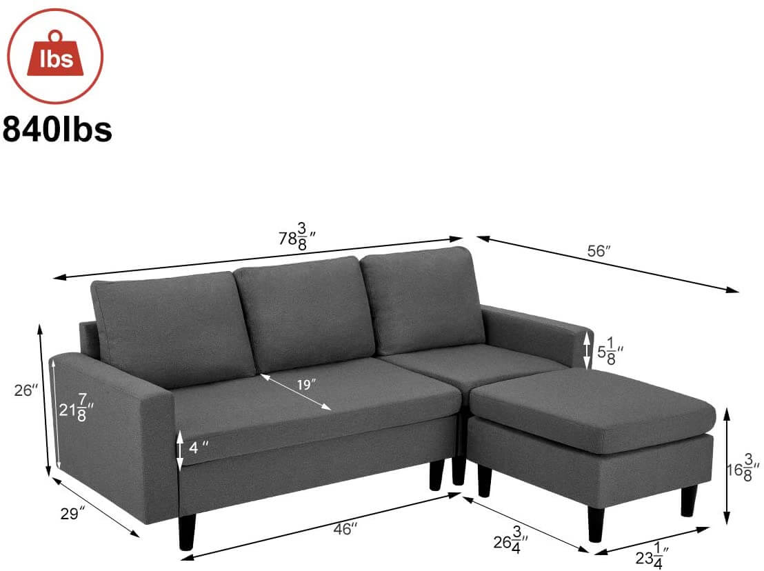 3-seat L-Shaped Enlarged Convertible Sectional Sofa Couch with Ottoman for Living Room or Apartment, Dark Gray