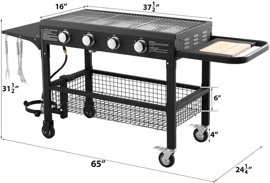 Outdoor 4-Burner Propane Gas BBQ Grill 48000BTU with Removable Wheels
