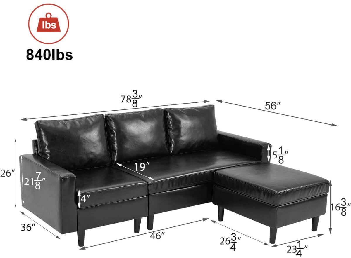 L-Shaped 3-seat Convertible Sectional Sofa Couch with Ottoman for Living Room, Black