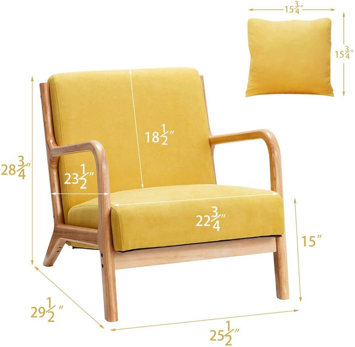Lounge Arm Chair Mid Century Modern Accent Chair Wood Frame Armchair, Yellow