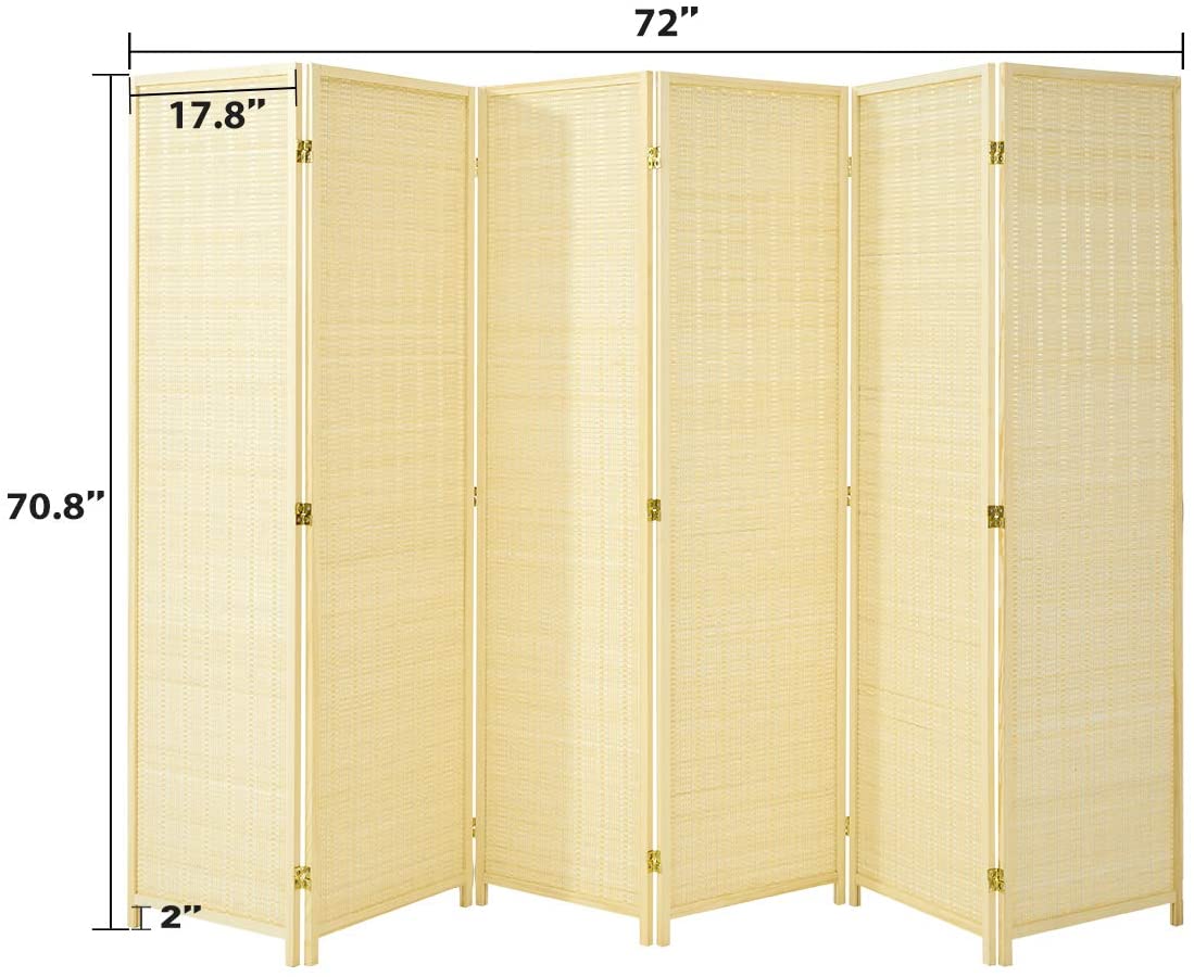 6 Panel Folding Bamboo Privacy Screen Room Divider for Office, Bedroom, Beige