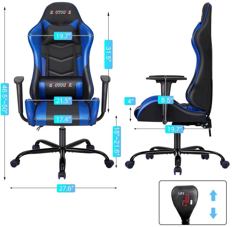 HOMREST PC Gaming Chair Massage Ergonomic Office Desk Chair Racing PU Leather Recliner Swivel Rocker with Headrest and Lumbar Pillow, Black & Blue