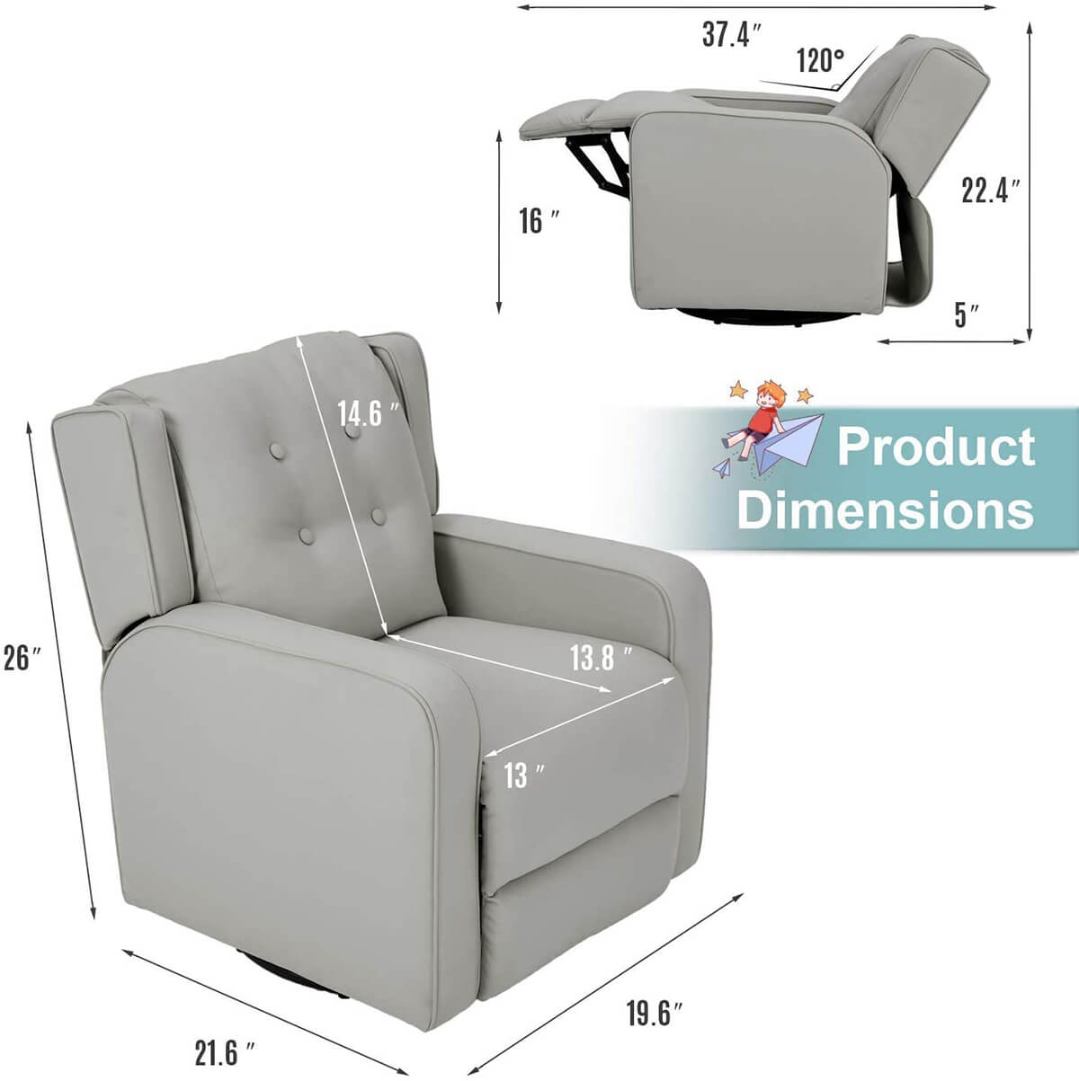 Faux Leather Kid&#039;s Swivel Recliner Chair with Lightweight 360 Degree Swivel for Toddler Boys Girls, Gray