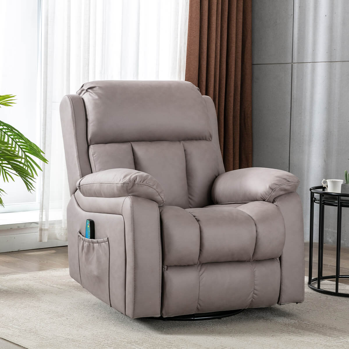 Massage Recliner Chair w/ Heating, 360¡ã Swivel Recliner Lounge Chair, Leather Reclining Sofa w/ Side Pockets, Chocolate