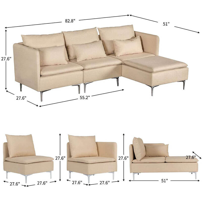 Convertible 3-Seat Sectional Sofa L-Shaped Couch, Beige