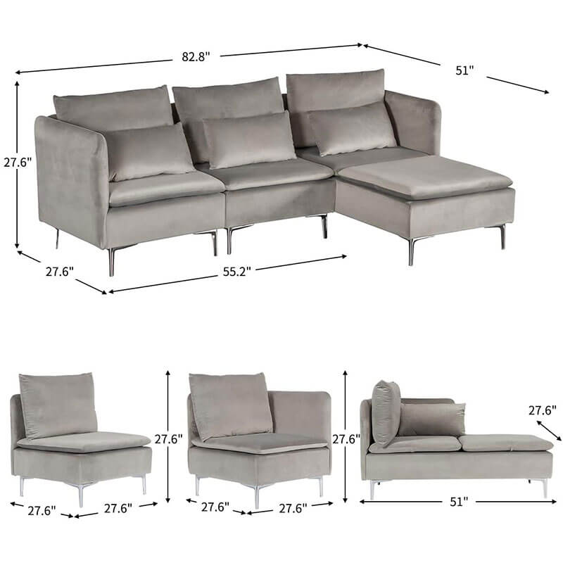 Convertible 3-Seat Sectional Sofa L-Shaped Couch Light, Gray