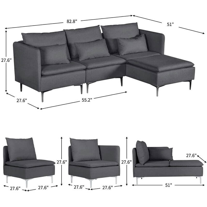 Convertible 3-Seat Sectional Sofa L-Shaped Couch Dark, Gray