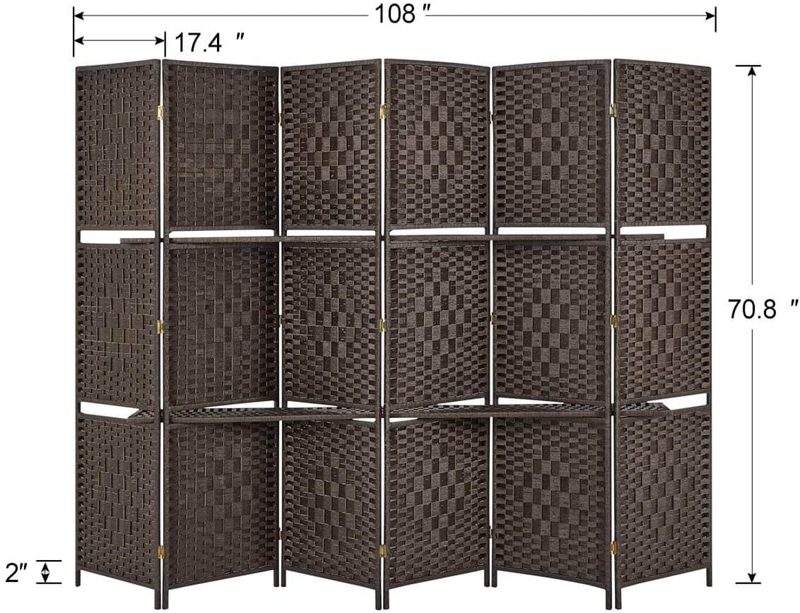 6 Panels Room Divider with 2 Shelved &amp; Double Hinged, Coffee