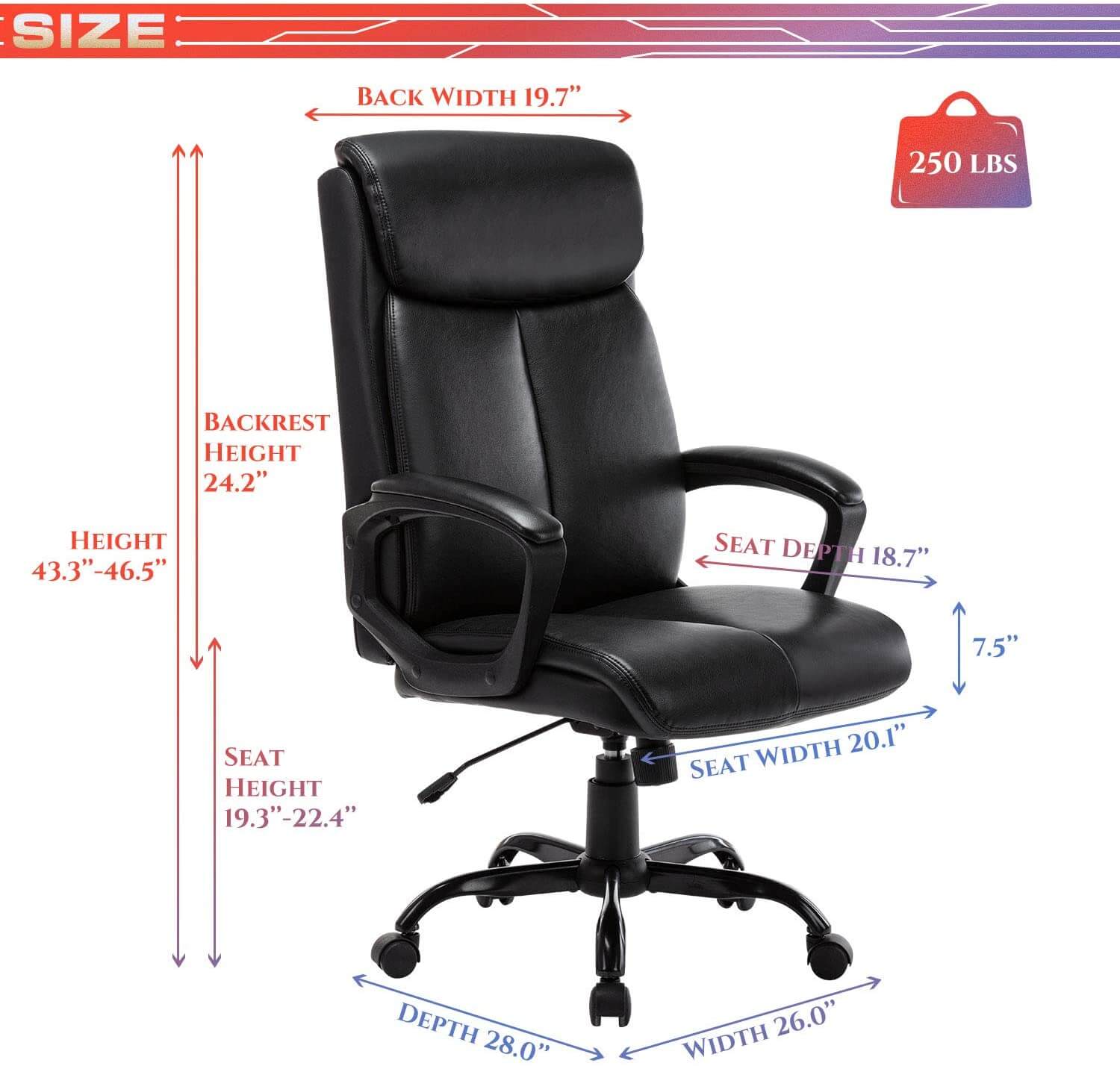 High Back Office Chair Executive Bonded Leather Computer Desk Swivel Task Chair, Black