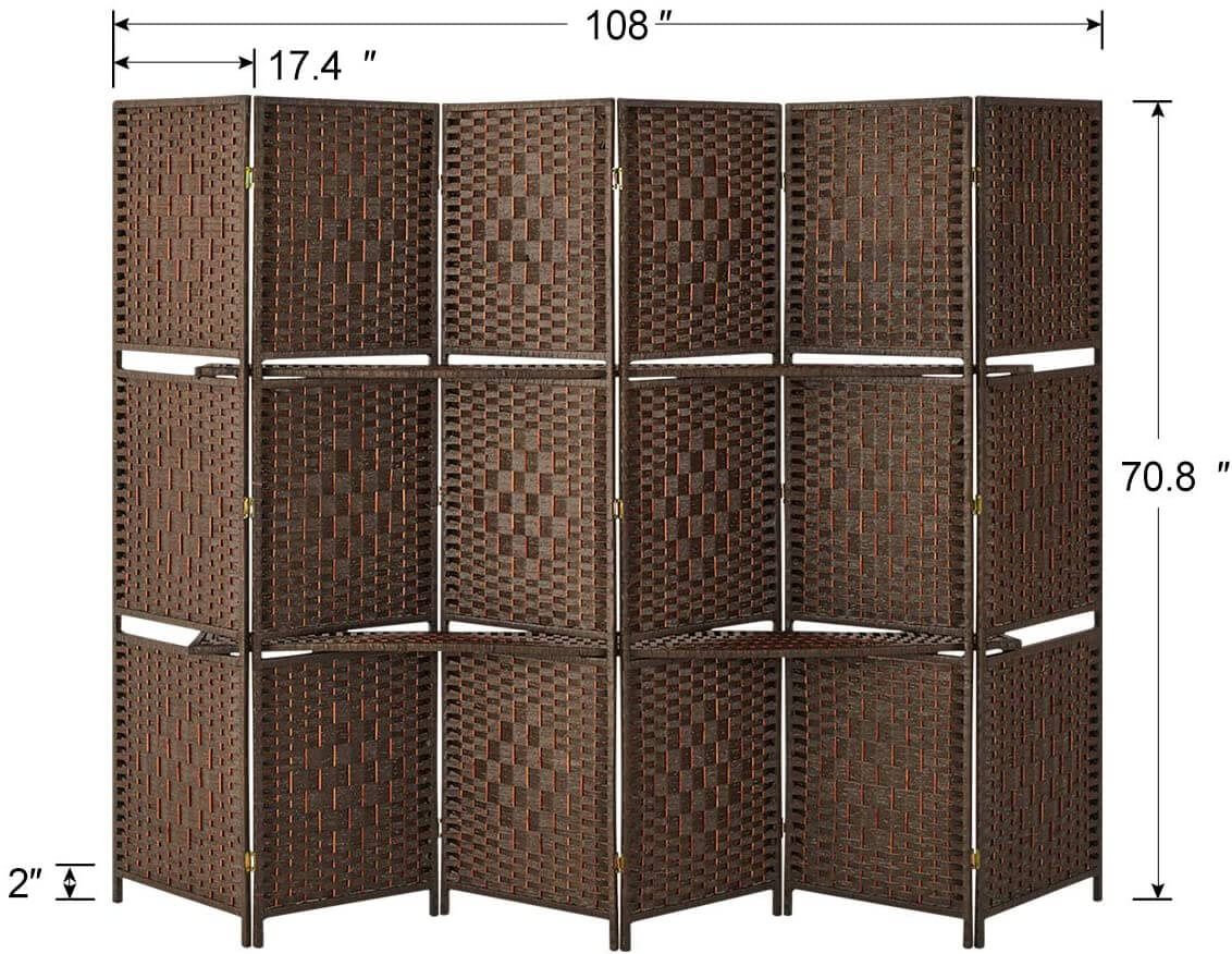 6 Panels Room Divider with 2 Shelved &amp; Folding Privacy Screens, Brown